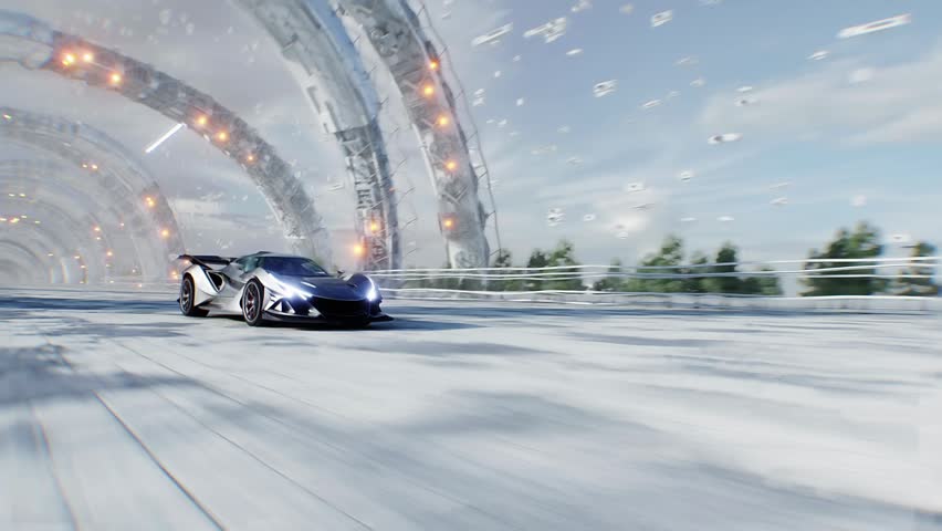 An futuristic grey sport car driving fast on a futuristic city street. Concept of future. Realistic 4k animation.