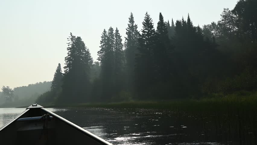 Point of view from a canoe drifting on a smoke covered northern lake with spruce trees lining the quiet shoreline in a moody wilderness scene.