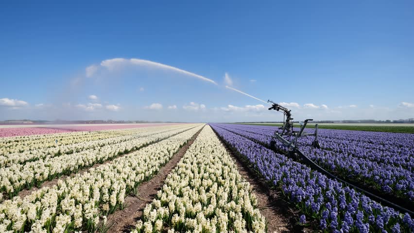 Irrigation system watering flower rows in a field. Industrial agriculture and farming process under a clear blue sky. Water spray over a colorful plantation.
