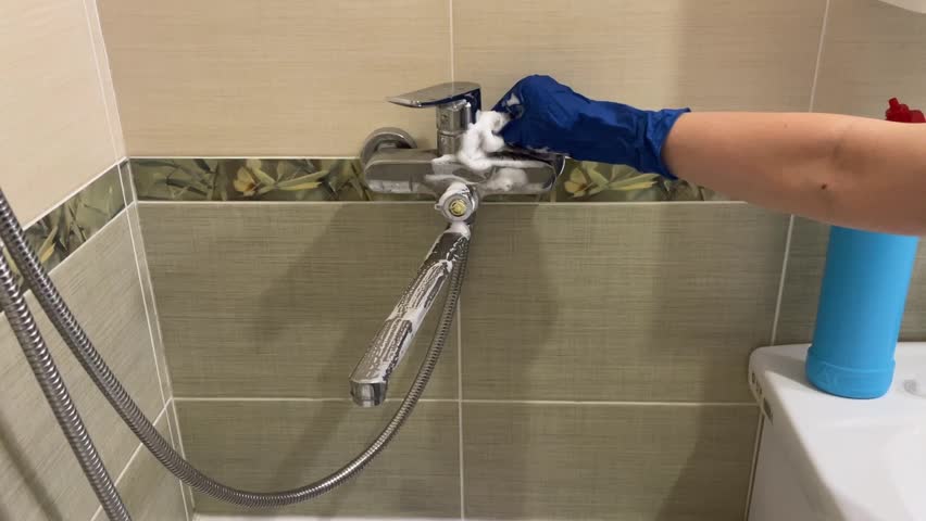 Blue gloved woman scrubbing chrome faucet with foam and sponge closeup of hand cleaning shower mixer, soap suds on tiles, flexible hose visible, careful rinse and polish for limescale removal