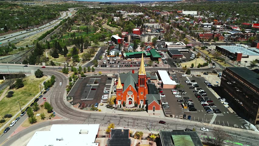 Drone aerial view historic church downtown Colorado Springs city grid