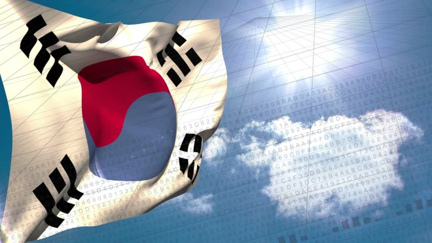Gusts lifting Taegukgi flag, digital grid appearing, finance lines tracing peaks visualizing trends. Banner, emblem, sky, cloud, sun, motion, animation