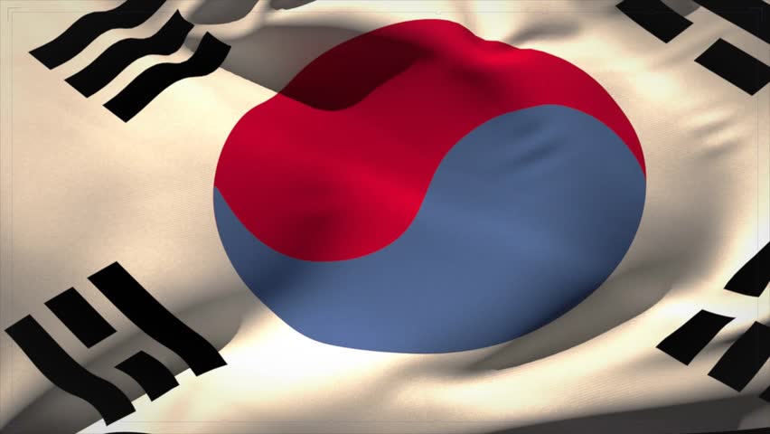 Taegukgi rippling from gusts, taeguk deforming then easing, with blue circuit for tech branding. Flag, advertising, animation, 3d, overlay, trigram, lighting