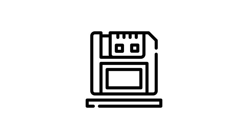 Symbolic black and white floppy disk icon suitable for tech presentations, websites, or retro design projects needing vintage digital symbolism.
