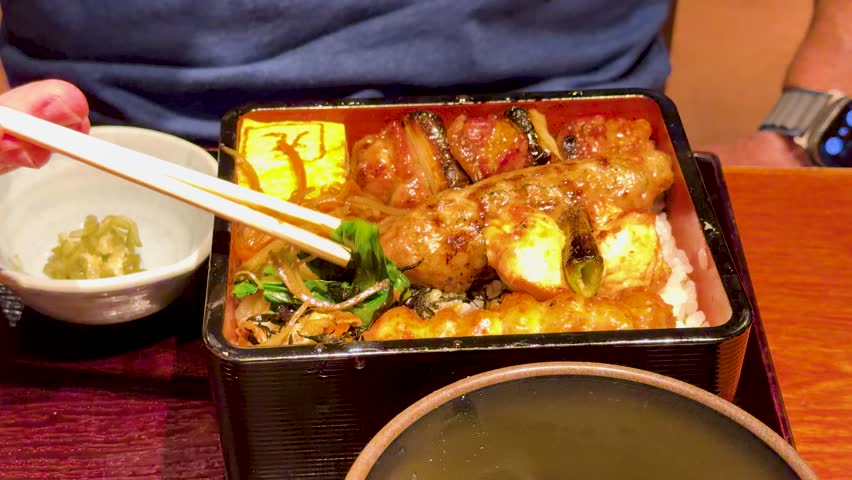 Close up view of traditional chicken skewers and tamago in bowl.