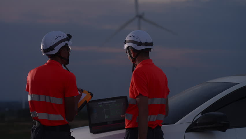 Two Asian engineers wearing safety helmets and high-visibility shirts analyze wind turbine data on a laptop at a wind farm during low light evening conditions. The image represents renewable energy monitoring systems, digital analysis, and teamwork in clean energy operations. Suitable for concepts related to energy transition, sustainable development, and smart energy infrastructure.