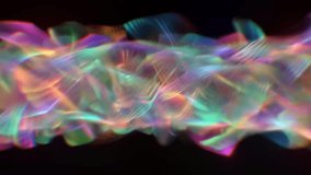 Abstract floating iridescent ribbon wave with luminous pastel glow, glossy holographic flow and smooth chromatic motion on a black background, translucent optical refraction and silky fluid distortion creating an elegant futuristic digital texture with dreamy depth and radiant energy - Powered by Shutterstock - Get 15% off with code: PIKWIZARD15