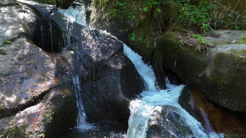 Majestic aerial view descending from a rushing waterfall over mossy rocks to a tranquil river basin surrounded by a verdant, sunlit forest