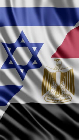 Waving fabric textures of the Israel and Egypt national flags blend together in this smooth motion video background. This high quality footage symbolizes international diplomacy, regional cooperation, government relations, and global partnerships between neighboring nations in the Middle East for professional editorial news media.