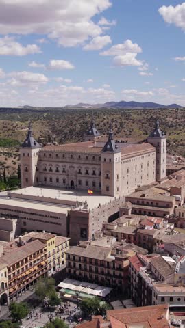 Vertical aerial view of the stone fortification of the Alcázar of Toledo in Spain.