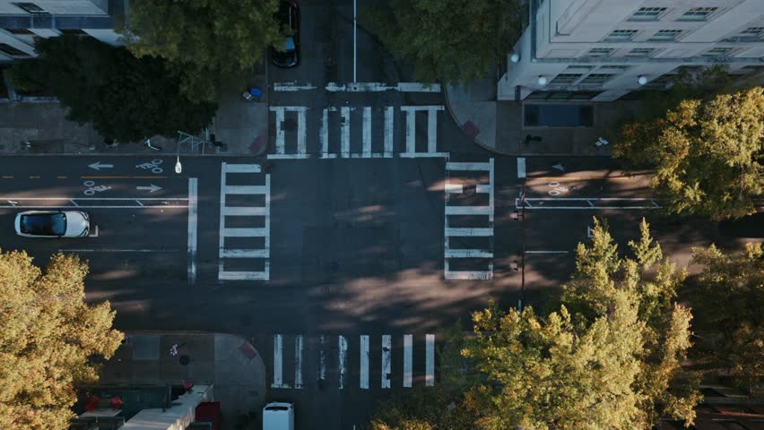 Top down aerial view of intersection in Washington DC showing crosswalks, bike lanes, moving vehicles, buildings, and trees casting shadows across organized urban streets