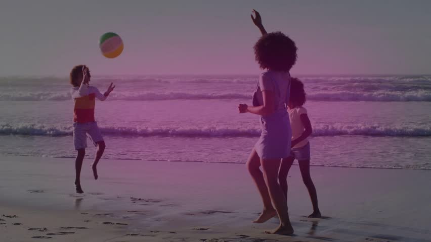 Kid tossing striped beach ball kid catching mom following avatar bubbles growing over sand for ads. Family, shore, horizon, sunset, backlight, silhouette, motion