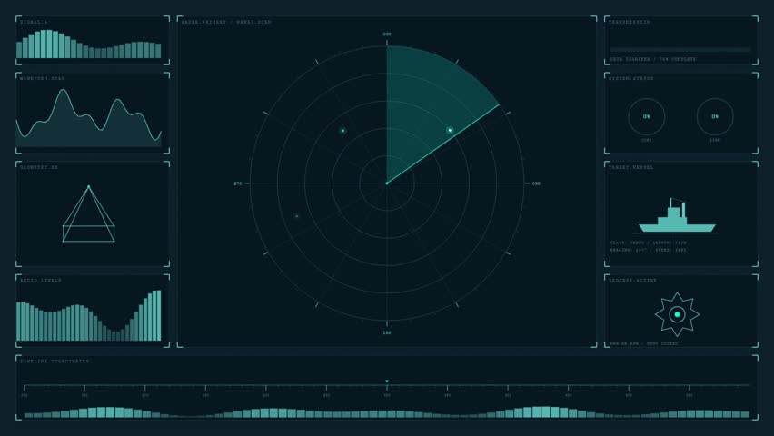 Futuristic naval radar HUD interface with cargo ship tracking system monitoring and data panels