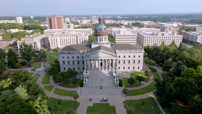 South Carolina state capitol building in Columbia, South Carolina with drone video pulling back.