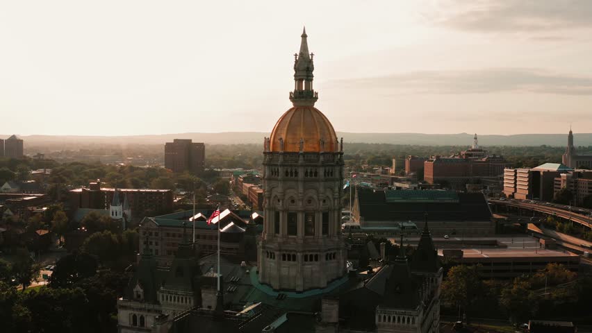 The gleaming golden dome of Hartford Connecticut State Capitol Building up close