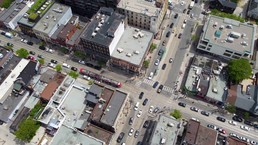 Aerial view of Queen Street West and Bathurst Street intersection in Toronto