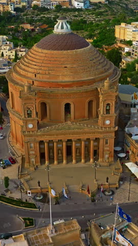  Aerial view of Mosta Church, famous remarkable wartime miracle, architectural landmarks, Malta 