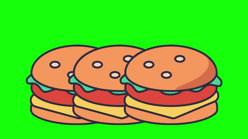 Three Cartoon Hamburgers on Green Screen Background