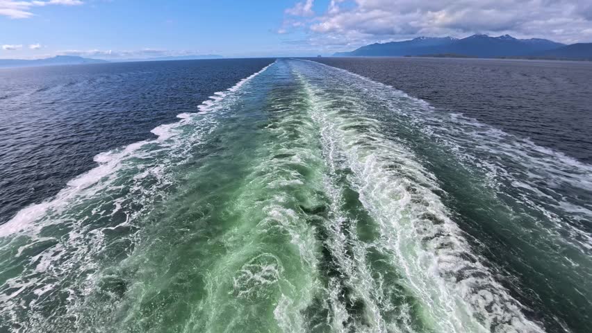August 13, 2024 - Tracy Arm, Alaska - Scenic view of the boat wake as it travels through the calm waterway. The water and waves create a visually captivating sight with distant mountains.