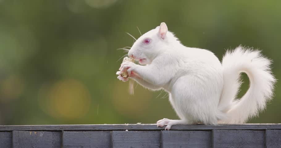 Rare true albino Eastern grey squirrel (Sciurus carolinensis) with pink-red eyes and pure white fur perched on a dark wooden garden fence eating a peanut in the UK.