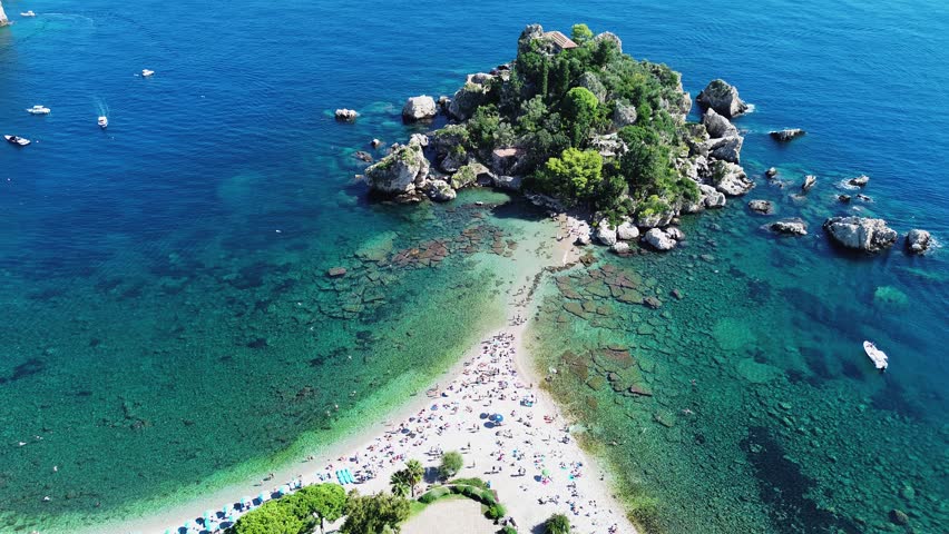 Taormina beach and Isola Bela at summer, Sicily Italy