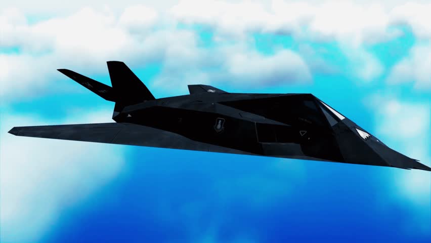 Cinematic 4k shot of an F-117 Nighthawk stealth fighter aircraft flying high above the clouds. A powerful military jet performance in a dramatic aerial maneuver.
