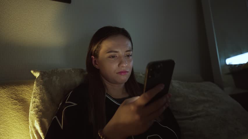 Girl doom scrolling her smartphone on a coach at night. Social network and phone addiction concept. Cozy home ambient light
