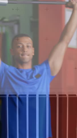 Male and female fitness lifters lifting bar as camera panning to red plates, overlay analyzing form. Barbell, gym, athletes, overhead, press, rack, vertical video