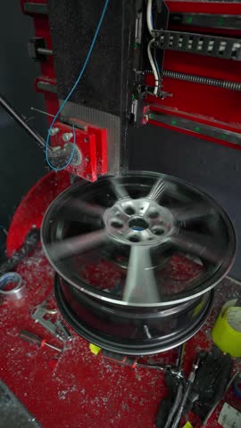 Car rim being manufactured at the factory. Concept of auto parts manufacturing.
