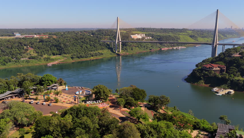 Puente de la Integración over Paraná River at Triple Frontier in Foz do Iguaçu, Paraná, Brazil, connecting Presidente Franco, Paraguay, with Puerto Iguazú, Argentina, in surrounding border landscape,
