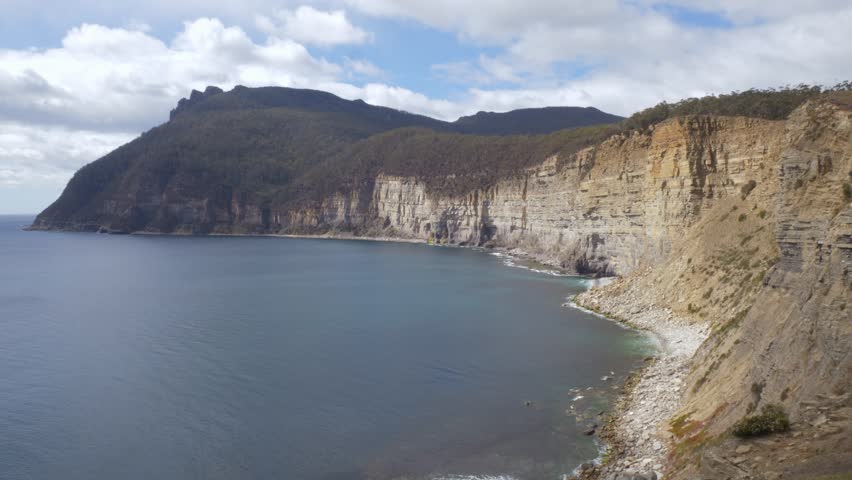 Limestone Rocks Of Fossil Cliff On Maria Island In Tasmania, Australia. Wide Shot