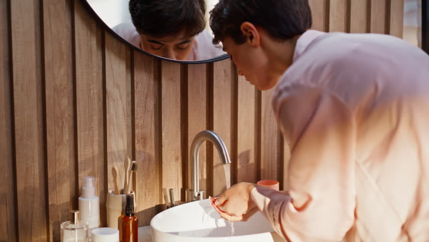 Morning woman cleaning face in bathroom closeup. Gorgeous model washing skin with cold water doing everyday routine at modern apartment. Satisfied lady removing impurities and makeup at home interior 