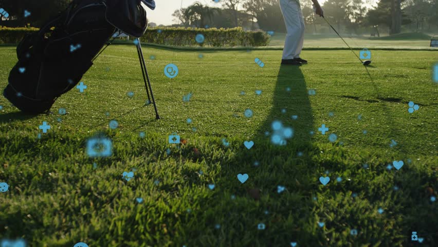 Senior golfer addressing ball, swinging, hitting ball, finishing to drive ball, blue icons overlay. Golf, outdoor, tee, driver, fairway, shadow, backlit