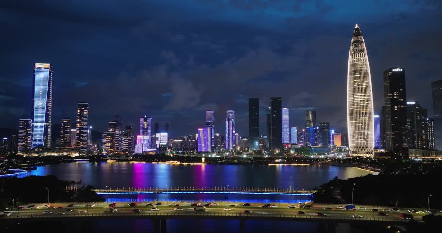 Aerial footage of landscape at sunset in shenzhen city, China 