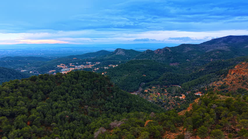 Dense green pine forest on mountain slope with valley view. High angle perspective of thick woodland covering hills with a village and blue mountains in the distance.