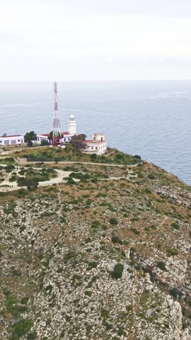 Cape Sant Antoni lighthouse on a cliff in Javea, Spain, viewed from above