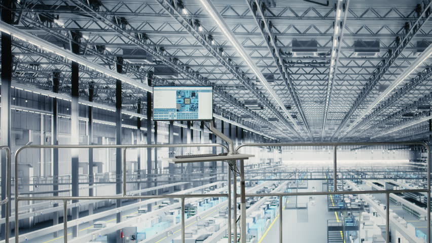 Simulation software on display in empty microchip industry 4.0 plant used to develop advanced electronics. Automation program technology on monitor used to optimize semiconductor design