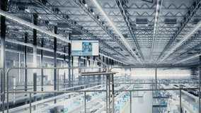 Simulation software on display in empty microchip industry 4.0 plant used to develop advanced electronics. Automation program technology on monitor used to optimize semiconductor design - Powered by Shutterstock - Get 15% off with code: PIKWIZARD15