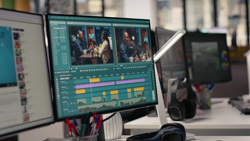 Black videographer editing raw video footage and adjusting sliders on PC software, visual effects and color grading used for movie making in post production. Staff cutting frames and clips.