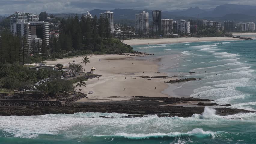 Waves Splashing At Snapper Rocks, Gold Coast, Queensland, Australia - Drone Shot