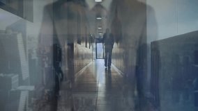Businessman walking corridor, torso overlay fading in hands forming tech network globe around exit. Holographic, executive, hallway, projection, nodes, connections, office - Powered by Shutterstock - Get 15% off with code: PIKWIZARD15