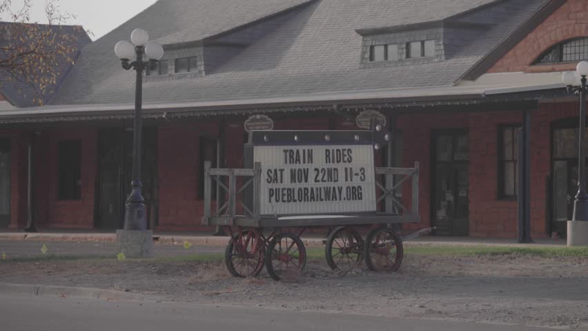 Vintage Train Ride Sign at Pueblo Railway Depot in Colorado USA