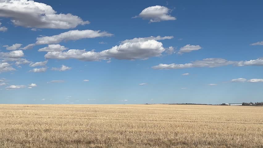 Wide open prairie landscape with blue sky and scattered clouds over rural grassland showing peaceful countryside environment.