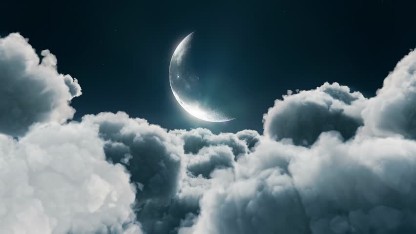Glowing crescent moon hangs prominently above soft billowy clouds in this dark night sky animation that captures the majestic feeling of traveling through the heavens at high altitude while showcasing complex atmospheric lighting effects and intricate cloud textures for immersive visual storytelling projects that require a sense of wonder and celestial beauty for your specific audience needs as the scene slowly glides forward to reveal more of the infinite starfield that sparkles brightly in the deep velvet darkness of space above.
