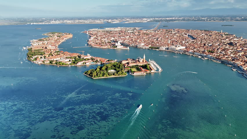 Aerial drone view of the Venice Lagoon with San Giorgio Maggiore island and St. Mark