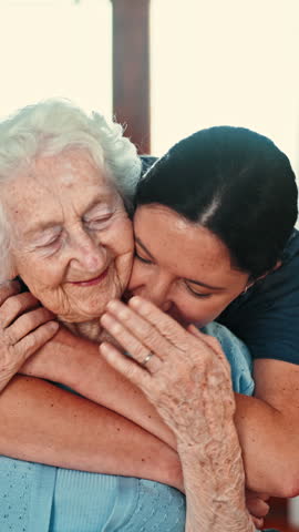 Smile, old mother and hug with woman at house for love, parental affection and compassion. Happy, senior parent and embrace with adult daughter, connection and family relationship at retirement home