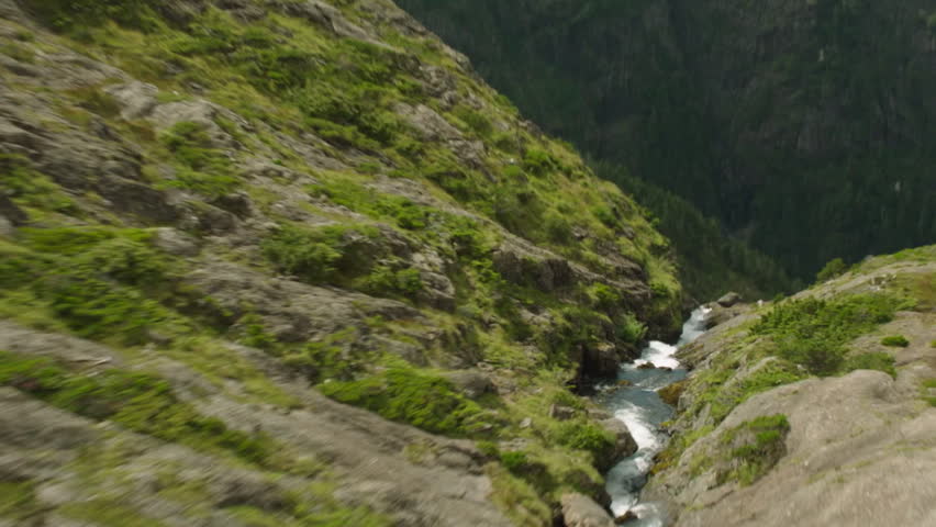 White water river rapids flowing down a verdant mountain slope surrounded by trees
