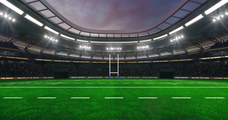 Rugby field at a sports stadium with shining spotlights and fans ready for the upcoming grand sporting event. Loopable professional sports advertisement video background.