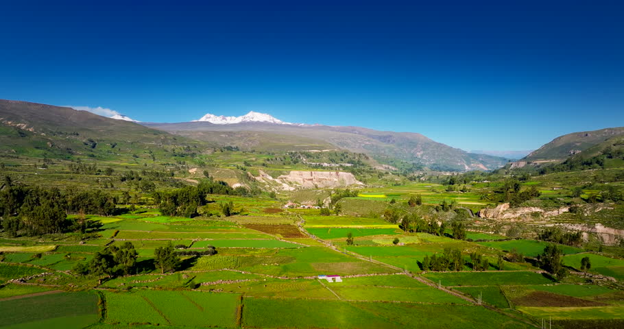 Aerial view pulls back over farmland near Chivay in Colca Canyon Peru.