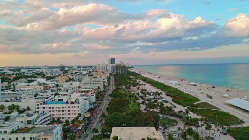 Miami district sky view. Miami shoreline. Miami coastal cityscape. Miami city.